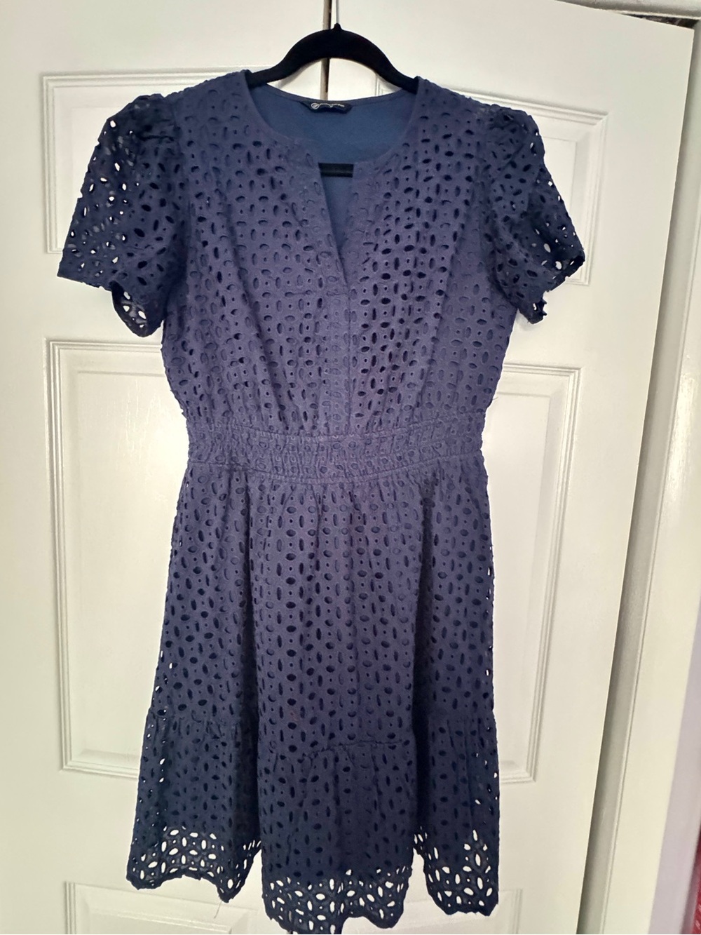 Navy Eyelet Short-Sleeve Dress with Smocked Waist